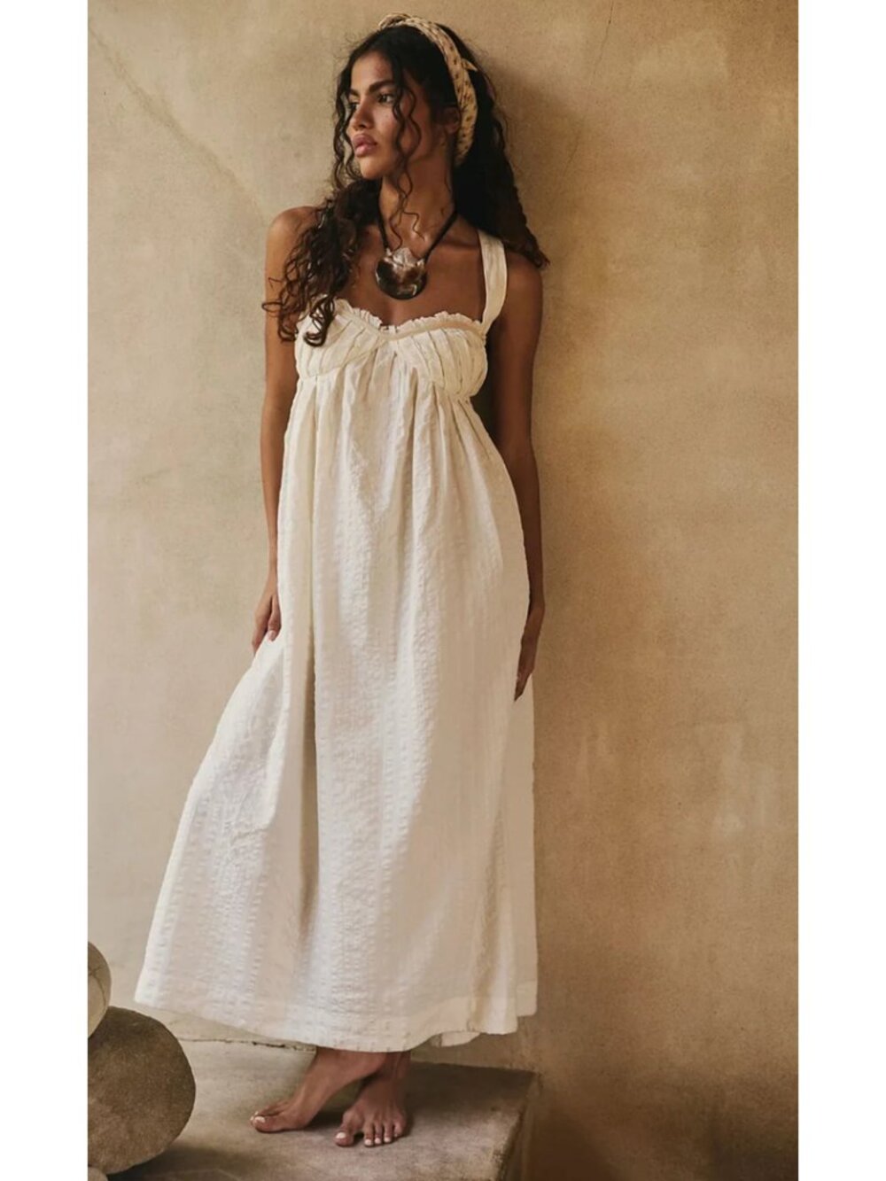 FREE PEOPLE Poppy Cotton Seersucker Midi Dress in Coconut Milk Size Medium